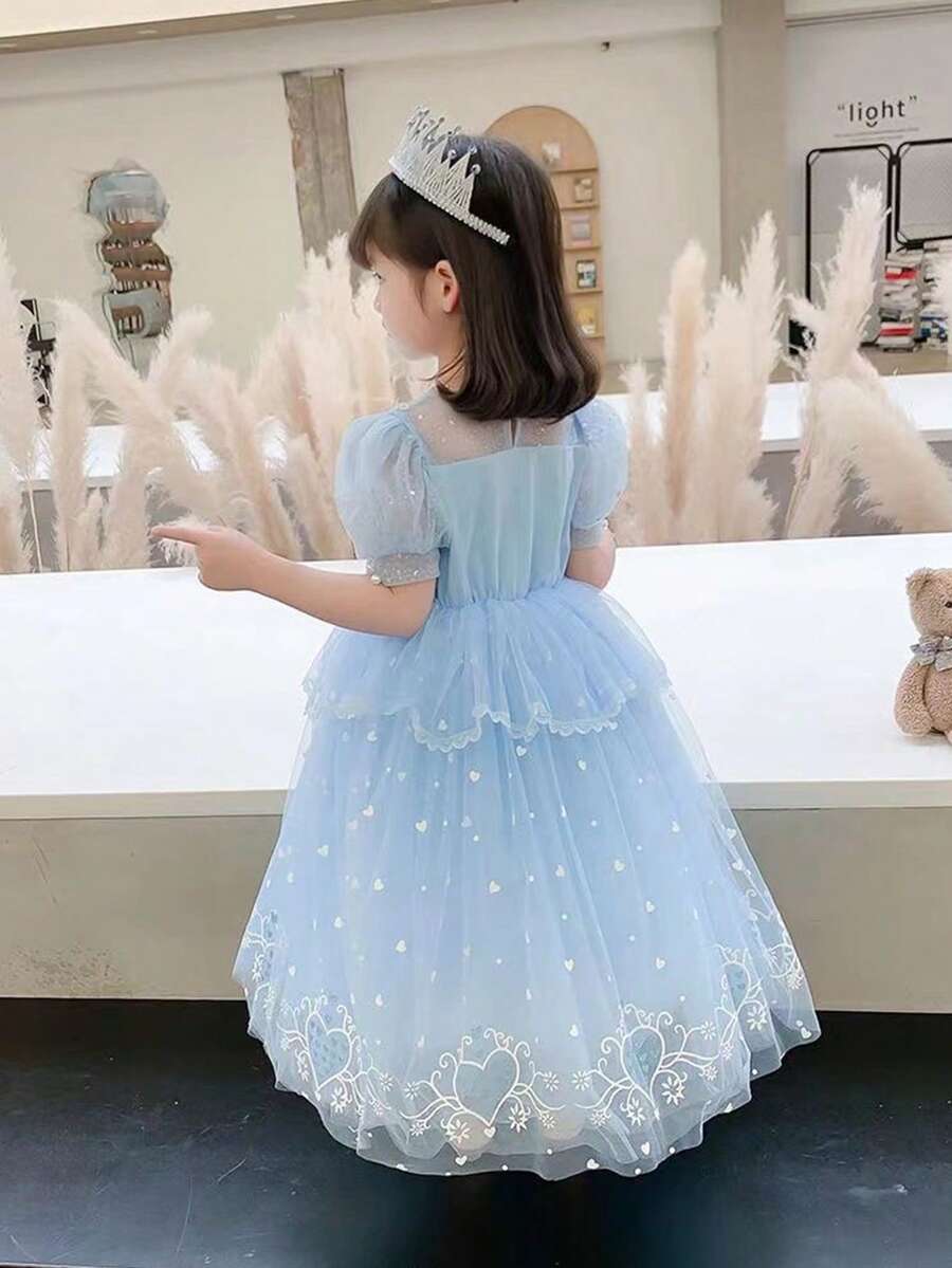 小女孩亮片泡泡袖网纱芭蕾公主裙，配雪花披风，生日派对礼服 - 淺藍色 - 查看 1