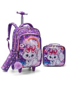 BLING BABIES 3件套女童拉杆背包，双面可爱卡通猫亮片设计，带午餐盒和铅笔盒 - 紫色，适合日常通勤，夜光功能 - 紫色 - 查看 3