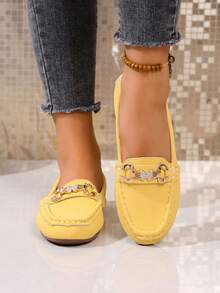 2025Women's Spring New ArrivalTrendsGold Chain Elegant Slip-On Loafers,Lightweight, Comfortable, VersatileRubber Flat Shoes - Yellow - View 14