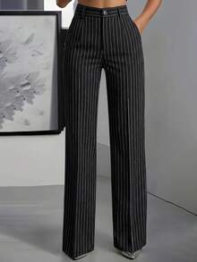 ANCHOSE Women's Minimalist Commuter Elastic Waist Black & White Striped Pants, Spring/Summer - Black - View 1