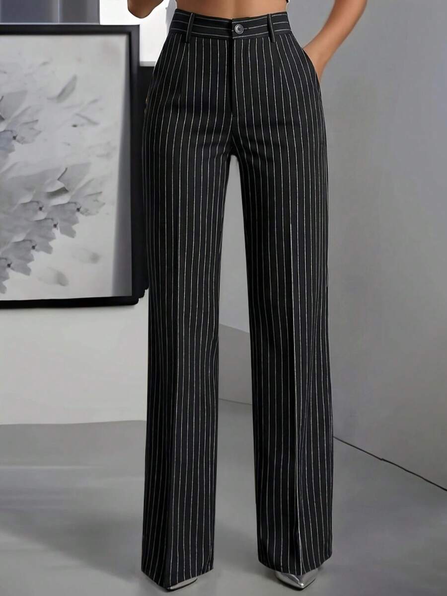 ANCHOSE Women's Minimalist Commuter Elastic Waist Black & White Striped Pants, Spring/Summer - Black - View 1