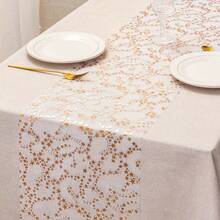 1 Roll Gold Star Sequin Tablecloth, 11x108 Inches, Polyester Material - No Assembly Required, Shiny White Background With Gold Stars, Suitable For Birthday Party, Wedding, Banquet Decoration, Celebration Events, Elegant Dining Table Setting, Machine-Made Fabric, Luxurious High-Quality Sequins, Home Decor - Multicolor - View 11