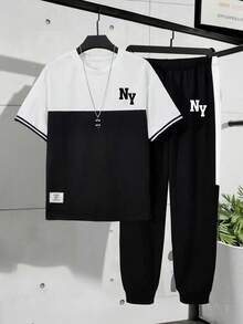 男童卡通印花圆领短袖T恤和裤子套装 - 黑色 - 查看 3