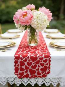 1 PC Valentine's Day Heart Table Runner, Red Heart Lace Table Runner, Family Dining Table Decoration, Valentine's Day Table Runner - Đỏ - Xem 9