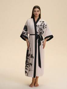 Japanese Style Loose New Chinese Chic Mid-Length Fashionable Elegant Printed Kimono Cardigan Robe, Casual Home Tie-Waist Yukata Sleepwear Thin Outerwear, Summer Beach Vacation Sexy Bikini Cover-Up - Grey - View 9