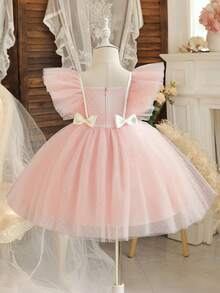 Baby Girls Cap Sleeve Polka Dot Bow Princess Tulle Dress, Suitable For 1st Birthday Gift, Party, Wedding, Festival Celebration Outfit - Pink - View 2