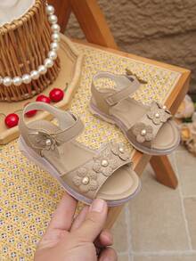 1 Pair Girls' Casual Summer Open Toe Flower & Pearl Decor Hook And Loop Soft Bottom Flat Sandals - Apricot - View 8