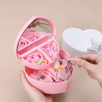 1pc Girl's Jewelry Box, Heart-Shaped Portable Jewelry Box, Double-Layer Jewelry Storage Box, Decorative Box, Commemorative Gift Box, Suitable For Storing Earrings, Rings, Necklaces, Ideal As Valentine's Day Gift For Girls
