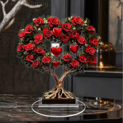 Decoración de escritorio en forma de corazón con rosa roja de estilo bohemio en 2D, arte romántico, sin texto, efecto artesanal plano en 2D, material acrílico, sin necesidad de energía, adecuado para dormitorio, sala de estar, oficina, jardín, Día de San Valentín, Navidad, Halloween y otras ocasiones