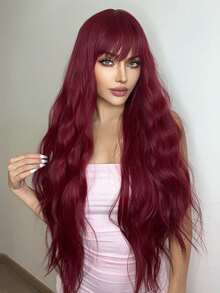 Tóc giả dài 26 inch màu đỏ tự nhiên, gợn sóng, có mái, làm từ sợi tổng hợp, màu đỏ rượu vang, phù hợp cho phụ nữ mặc hàng ngày khi đi dự tiệc. - Màu đỏ mâm xôi - Xem 7