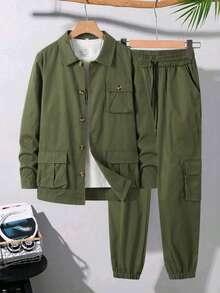 Chaqueta utilitaria y pantalón cargo de hombre de estilo vintage estadounidense de otoño, conjunto casual - Verde militar - Ver 3