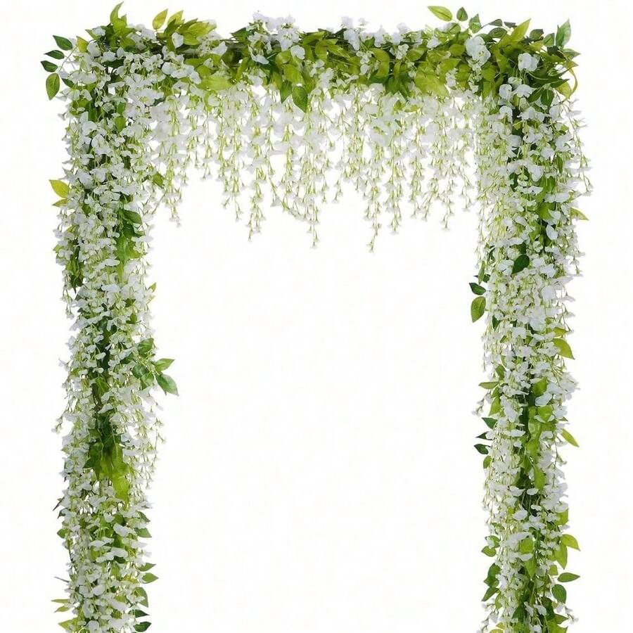 Wisteria Artificial Flowers Garland, 4Pcs Total 28.8ft White Artificial Wisteria Vine Silk Hanging Flower For Home Garden Outdoor Ceremony Wedding Arch Floral Decor - A - 查看 1