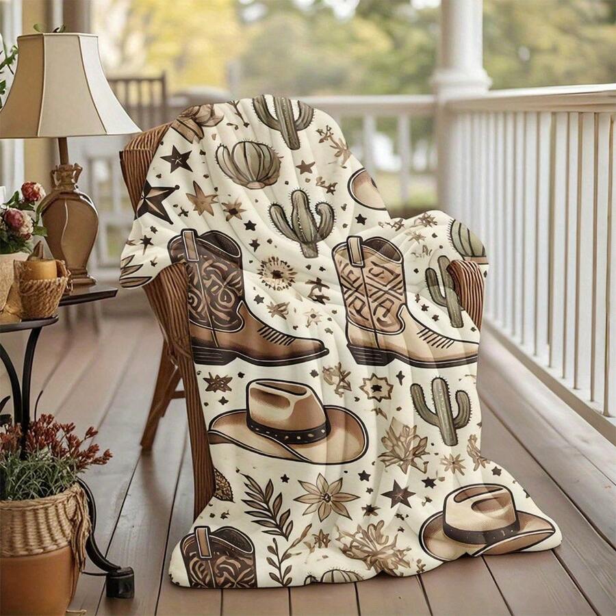 Retro Western Cowboy Theme, Cowboy Boots, Cowboy Hats, Cacti, Feather Design Patterns, Modern Home Style,Super Soft Flannel Printed Blanket,As Birthday Gifts, Family, Wedding, Souvenir Blankets, Polyester Blankets Suitable For All Seasons, Washable, Machine Washable, Lightweight, Breathable, Comfortable, Warm, Unique, 280gsm For Him, Her Personalized Ideal Gifts For Her, Him, Family, Boyfriend, Girlfriend, Father, Family, Mother, Lover, Daughter, Son, Grandfather, Grandmother, Teacher,Doctor, Nurse,Friend, Classmate, Pet.Perfect Nap, Camping, Travel, Home, Daily Life, Office Decoration, Birthday, Anniversary, Valentine's Day, Thanksgiving, Graduation Season,Christmas, Halloween, Mother's Day, Father's Day, Wedding, New Year Gifts ,Sofa,Bed,Car,Bedroom,Living Room,Office, Outdoor Camping, Beach,Wall Decoration - 多色26 - 查看 1