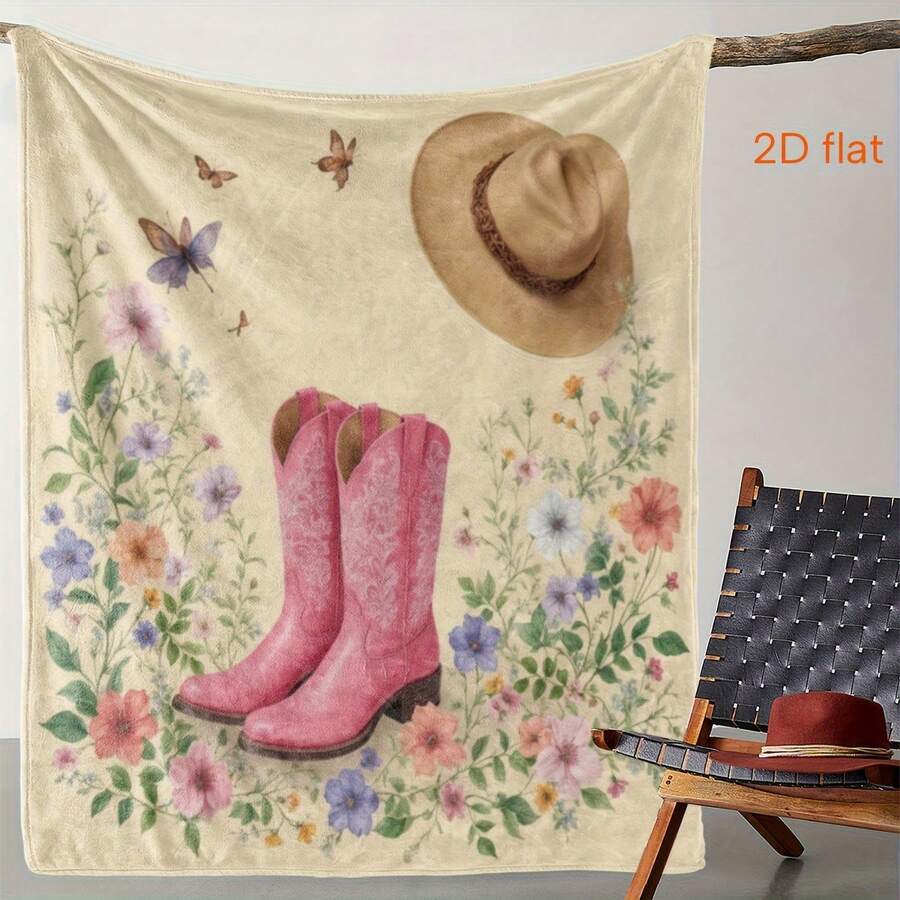 Retro Western Cowboy Theme, Cowboy Boots, Cowboy Hats, Cacti, Feather Design Patterns, Modern Home Style,Super Soft Flannel Printed  Blanket,As Birthday Gifts, Family, Wedding, Souvenir Blankets, Polyester Blankets Suitable For All Seasons, Washable, Machine Washable, Lightweight, Breathable, Comfortable, Warm, Unique, 280gsm For Him, Her Personalized Ideal Gifts For Her, Him, Family, Boyfriend, Girlfriend, Father, Family, Mother, Lover, Daughter, Son, Grandfather, Grandmother, Teacher,Doctor, Nurse,Friend, Classmate, Pet.Perfect Nap, Camping, Travel, Home, Daily Life, Office Decoration, Birthday, Anniversary, Valentine's Day, Thanksgiving, Graduation Season,Christmas, Halloween, Mother's Day, Father's Day, Wedding, New Year Gifts ,Sofa,Bed,Car,Bedroom,Living Room,Office,  Outdoor Camping, Beach,Wall Decoration - 多色40 - 查看 1