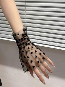 1件女士白色衬衫，饰有心形图案，网纱优雅袖口 - 白色 - 查看 3