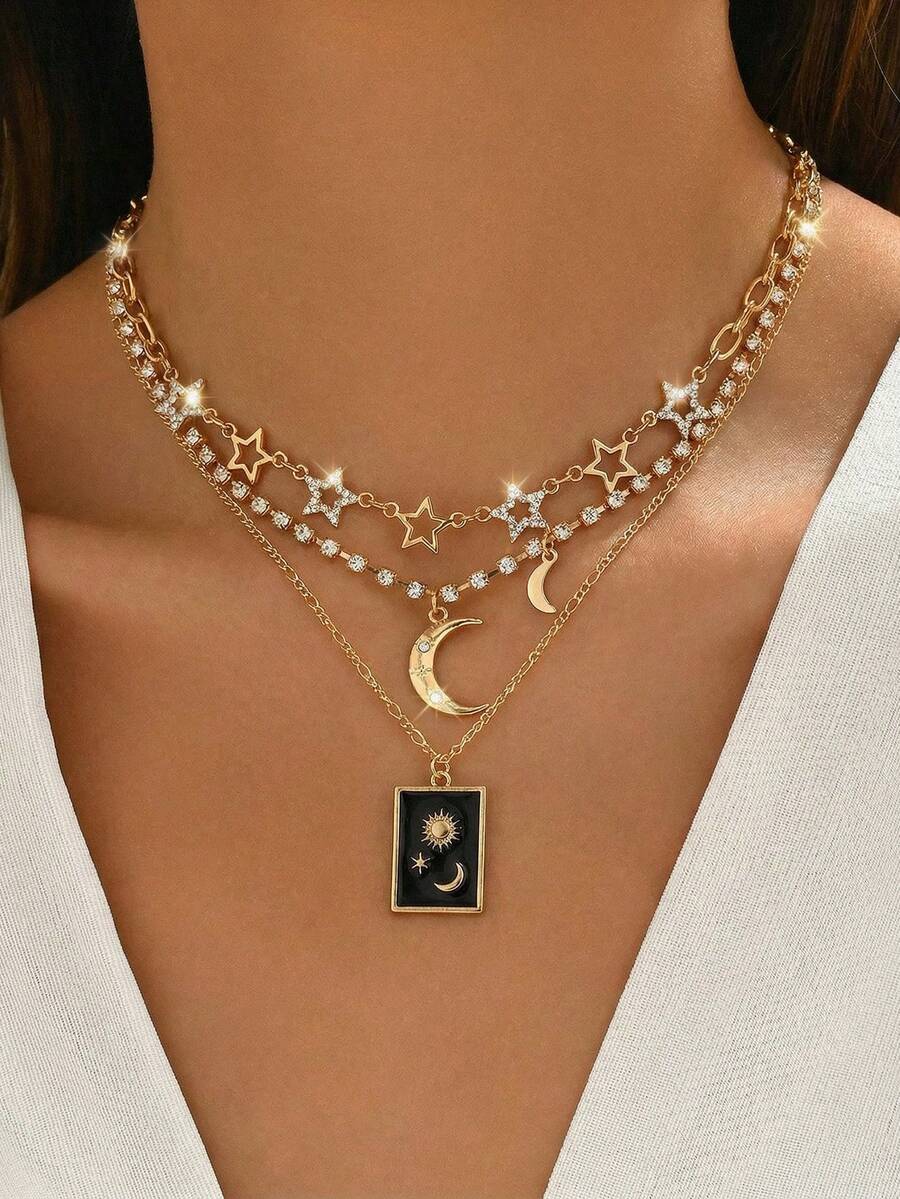 1件时尚优雅的星月水钻多层项链，适合日常佩戴、约会、派对等场合。 - 彩色 - 查看 1