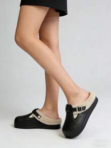 Women's Plush Slippers, Warm Indoor Shoes - PU Leather Upper, Soft Beige Plush Lining, Adjustable Strap, Thick Memory Foam Non-Slip Sole, Comfortable To Wear, Suitable For Indoor And Outdoor, Bedroom/Living Room Warmth And Comfort, Fashionable And Versatile, Perfect Christmas/New Year Gift For Women In 2025 - Warm And Comfortable Plush Lined Clogs To Keep You Warm Through The Winter - Black - View 4