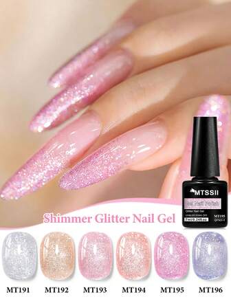 Mtssii 6ชิ้น 7มล. ชุดยาทาเล็บเจลกลิตเตอร์ชิมเมอร์, เคลือบเงาประกายระยิบระยับ ตกแต่งเล็บเจลเพชรบดละเอียด Vernis กึ่งถาวร แช่ UV เจลเคลือบเงา ทำเล็บ DIY สำหรับอุปกรณ์ทำเล็บที่บ้านและร้านเสริมสวย