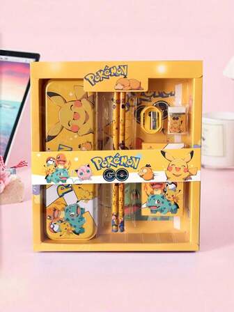 pokemon Auktoriserad av Pokémon Pikachu tecknad figurstil brevpapper presentask set, inklusive penna, anteckningsbok, pennvässare, pennfodral, linjal och suddgummi, krita