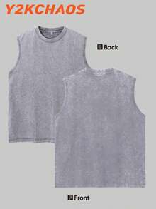 Y2KCHAOS 250g Washed Pure Cotton Vest Men's Vest Streetwear Style Urban Fashion Black Solid Color Sleeveless Top With Chain Detail For Men With Tattoo Arm Casual Wear For Young Adults - Xám - Xem 3