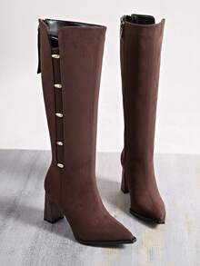 Pointed Toe Chunky Heel Over-The-Knee Boots Women, Zipper Back Metal Buckle, Fashion Long Boots For Fall/Winter - Brown - View 2