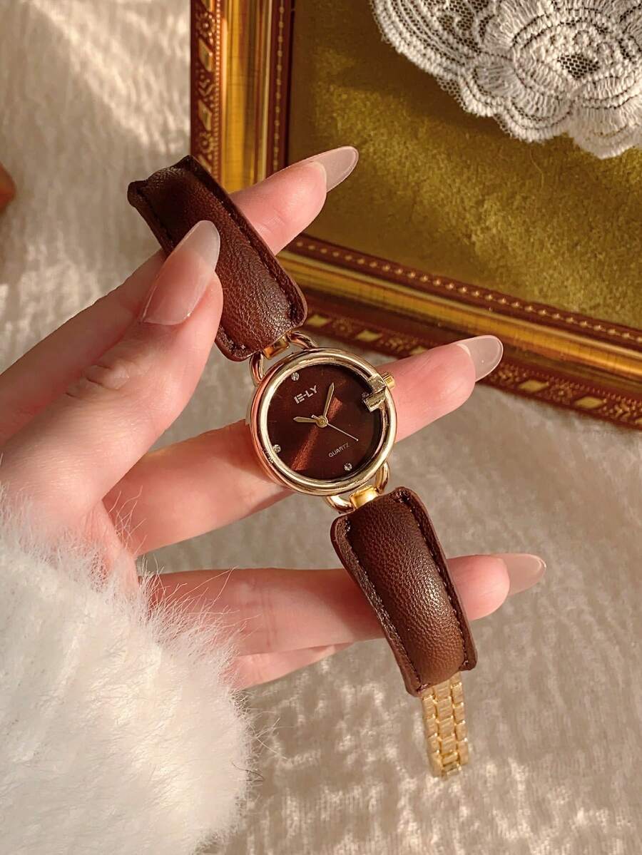 1块棕色圆形PU皮革方形女士石英表，时尚优雅，适合日常佩戴，生日/毕业礼物，派对礼物 - 棕色 - 查看 1