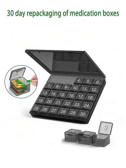 1 st pillerlåda med 30 fack, 2 st pillerorganisatörer för 30 dagar, förvaringslåda för månadsmedicin, pilleretui med 30 fack, reseask för månadsmedicin, förvaringsbehållare