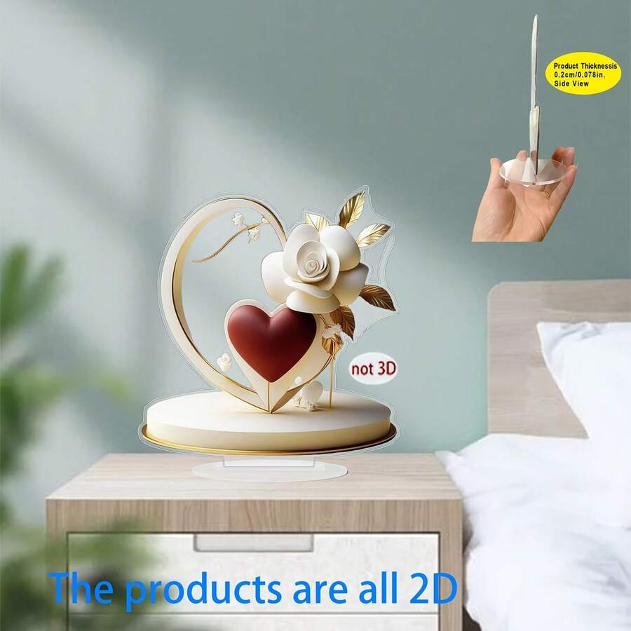 2D Acrylic Printed Artwork With Pulsing Crimson Heart Shape Frame, Blooming White Rose, Golden Brown Intertwined Leaves, And Surrounding Daisy Flowers, Conveying A Tender Secret And Physical Form Of Love. Suitable As Decor For Study, Bedroom, Or As A Gift For Partner Or Mother. - Multicolor - View 1