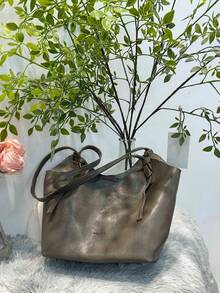 Ladies' Leather Handbag, Brown/Chocolate Brown/Black Large Capacity Shoulder Bag - Marrón Chocolate - Ver 2