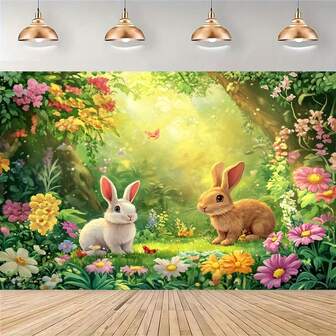 A Spring Easter Background Cloth-Rabbit And Flower Photography Banner, Without Electricity, Wedding, Bridal Party, Birthday, Anniversary, Easter, Valentine's Day, Mother's Day Holiday Decoration.