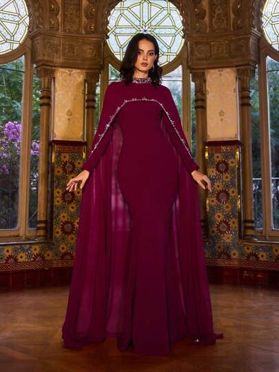 Faeriesty Elegant Arabic Ladies' Abaya, Stand Collar Design, Extra Long Cape, Decorated With Shiny Crystals, Suitable For Formal Occasions, Grand Galas, Weddings, Awards Ceremonies, Charity Balls, Etc.