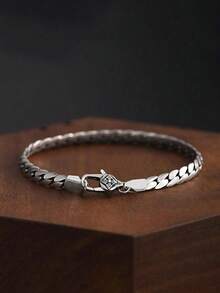 1pc 5mm Link Chain Bracelet For Men, Fashionable Simple Design Male Handmade Woven Accessories With Vajra Clasp - Silver - View 1