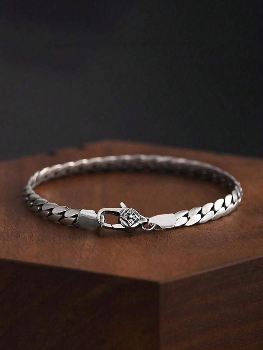 1pc 5mm Link Chain Bracelet For Men, Fashionable Simple Design Male Handmade Woven Accessories With Vajra Clasp - Silver - View 1