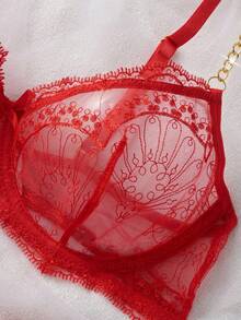 2pcs Women's Sexy Lingerie Set, Red Embroidered Lace Trim With Gold Chain, 3/4 Cup Cutout Design Adjustable Bra And Panty Set - Red - View 7