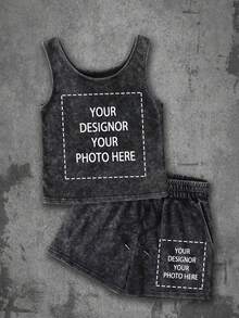 Women's Fashion Custom Patterned Prints, Customizable Text, Personalized Back With Custom Photos/Designs, Retro Distressed Washed Finish Vest And Shorts Set, Women's Street Style Casual Retro Two Pieces Set. - Black - View 2