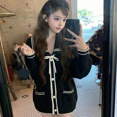 海军风超大领结针织羊毛开衫