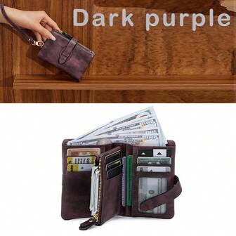 New RFID Women's Wallet, PU Soft Leather Trifold Short Wallet, Vintage Fashion Zipper Snap Coin Purse, Short Wallet, Vintage Style Zipper Wallet, Fashion, Women's Daily Travel Shopping Wallet, Women's Wallet, Compact Wallet - Purple