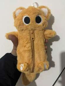 1pc Large Capacity Gray Cat Plush Pencil Case - Soft & Thick Polyester Zipper Pencil Pouch, Adorable Cartoon Design, Ideal For School & Office Supply Storage, Kitty Stationery Bag, Desktop Accessory | Playful Cat Design | Durable Zipper, Cat Accessory