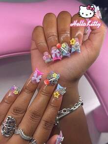 Sanrio 24pcs Medium Size Hello Kitty Y2K Duck Leopard Print Pink French Manicure Nail Stickers, Decorated With Cute 3D Hello Kitty, Pink Bow, Hearts, Diamond Stars, Lollipops, Rhinestones And Flowers, Perfect For Nail Art Sets, Includes 1pc Jelly Gel And 1pc Nail File, Suitable For Women And Girls For Daily And Party Use. - Multicolor - View 8