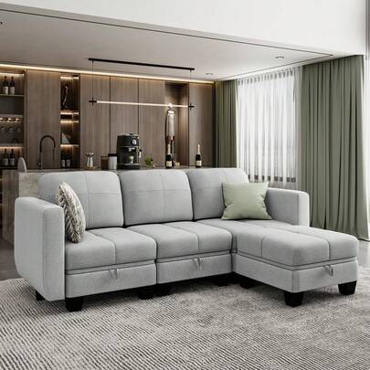 Hello-5ive Corner Large Sofa With Storage, Modern Fabric Sofa Bed Convertible 2 Seater 3 Seater Sofa, L-Shaped U-Shaped Couch With Ottoman For Living Room, Grey