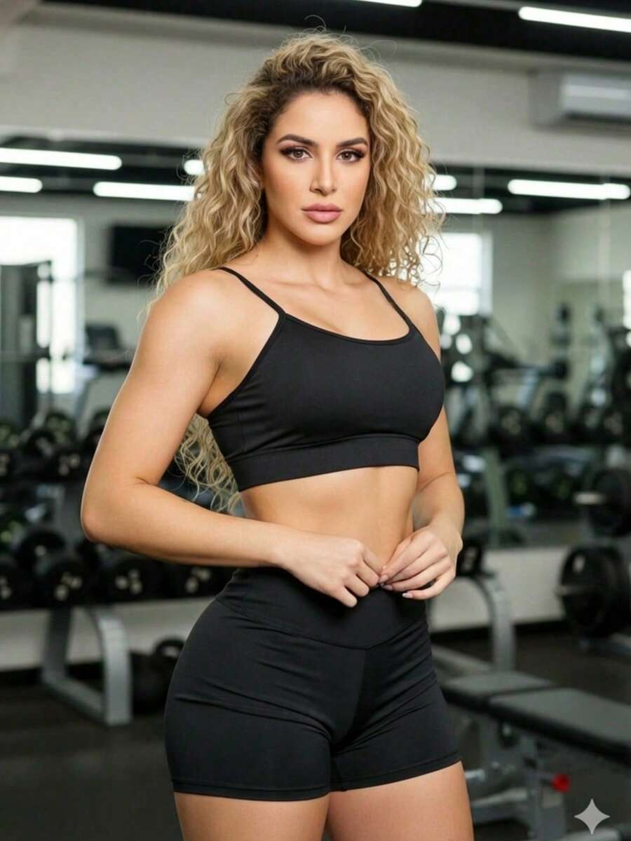 Gym Shorts Set Fitness Top With Straps And Padding - 黑色黑色 - 查看 1