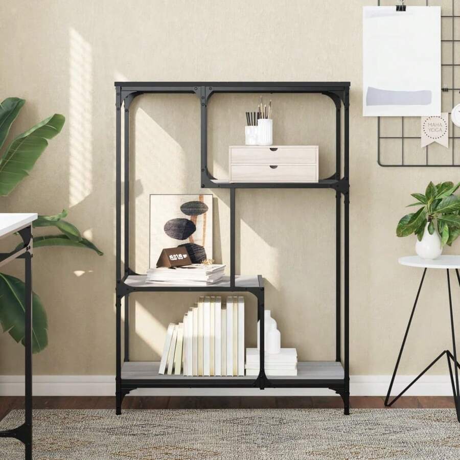 Larryhot Estantería madera de ingeniería y acero Sonoma gris 81x36x115cm, Fácil de montar, elegante y hermoso, y conveniente para almacenar artículos, es una opción ideal para el almacenamiento y la decoración del hogar. - Gris - Ver 1