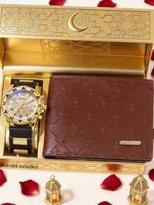 2PCS Men's Luxury Light Watch Set, Includes Blue-Silver/Gold-Brown Styled Watch And A Fashionable Leather Wallet Accessory Gift Box. Popular And Practical Men's Gift Suitable For Business Commuting, Christmas Gatherings With Friends And Family - Black - View 7