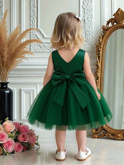 Baby Girls Sleeveless V-Neck Backless Bow Flower Girl Dress, Suitable For Party, Wedding, Holiday, Excluding Headband