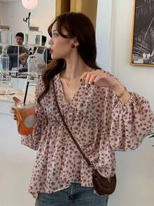 Primavera y otoño nuevo dulce simple suelta temperamento salvaje V-cuello floral de manga larga blusa de gasa camisa blusas elegantes dama - Rosa - Ver 5