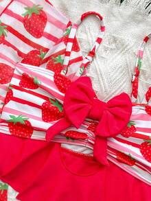 小女孩新款可爱草莓印花多件套儿童泳衣 - 紅白色 - 查看 2