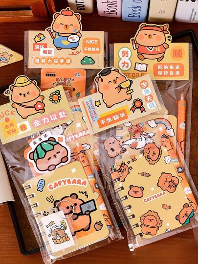 Adorable Capybara Themed 3-In-1 Stationery Gift Set - Warm Orange Cartoon Pattern Coil Notebook + Smooth Writing Gel Pen + Decorative Stickers With Inspirational Positive Quotes (Never Waste Youth/Go All Out) Kawaii School Supplies For Students Teen Desk Organizer Cute Functional Daily Stationery Kit Perfect For Back To School/Gift