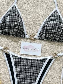 Bộ đồ bơi bikini gợi cảm 2 mảnh khóa kim loại thời trang năm 2025 - Đen Trắng - Xem 3