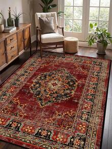 1pc Vintage Distressed Style Rug, Red Bohemian Moroccan Polyester Fiber Comfortable, Rectangular Easy Care Washable Area Carpet For Living Room, Hallway, Bedside, Home Decor