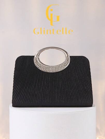 Glintelle优雅黑色缎面褶皱手拿包，适合浪漫婚礼、正式派对、盛大晚宴、晚宴、新娘、伴娘、正式礼服，也是馈赠女士的理想之选。配有可拆卸金属链，可装口红、化妆品、硬币、钥匙、手机、耳机等物品。